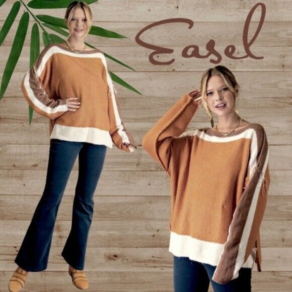 EASEL Sizes S-L Slouchy Tunic Style Sweater Side Slits Boat Neck Fringe Detail